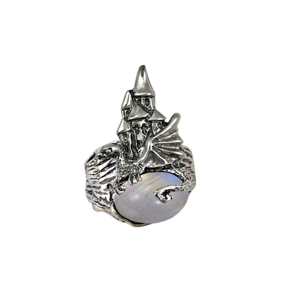 Sterling Silver Dragon And Her Castle Ring With Rainbow Moonstone Size 12